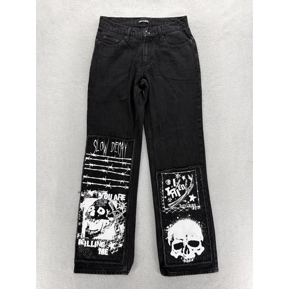 Hot Topic Skull Patch Jeans Womens 26x32 Black Charcoal Gothic Punk Grunge Y2K